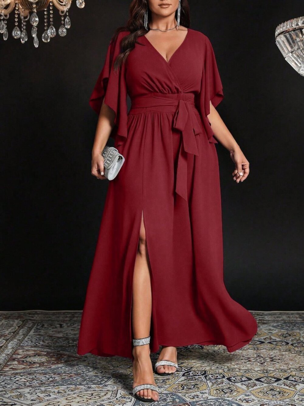 Burgundy Elegant Women's Plus Size V-Neck Ruched Tie Waist Party Dress